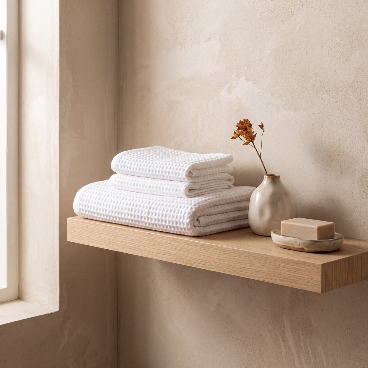 Folded waffle towels on a shelf