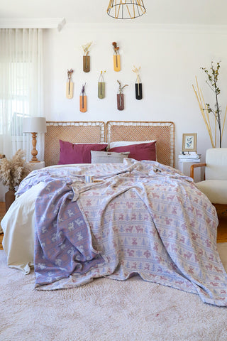 Handwoven 3-layer patterned Turkish muslin bedspread in Natural - Vivamaison Denizli OEKO-TEX certified