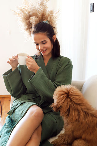 Detail of Dark Green 4-layer muslin cotton fabric showing breathable handwoven weave structure