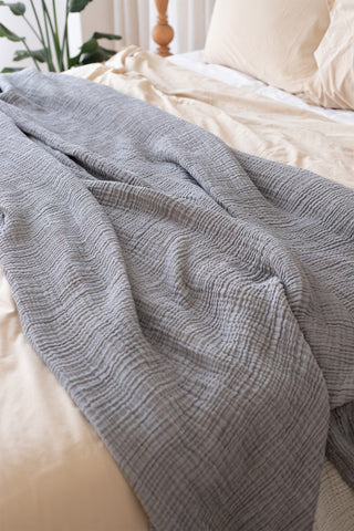 Natural soft muslin bedspread styled bedroom view - long-staple Aegean cotton