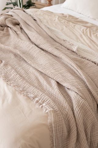 Brown soft muslin bedspread styled bedroom view - long-staple Aegean cotton