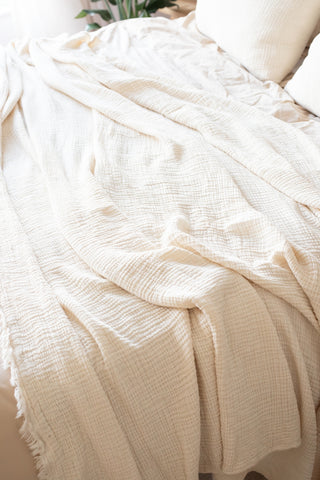 Natural soft muslin bedspread styled bedroom view - long-staple Aegean cotton