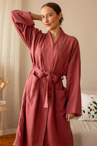 Handwoven 2-layer Turkish muslin cotton bathrobe in Burgundy - Vivamaison Denizli OEKO-TEX certified