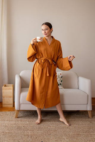 Handwoven 2-layer Turkish muslin cotton bathrobe in Natural - Vivamaison Denizli OEKO-TEX certified