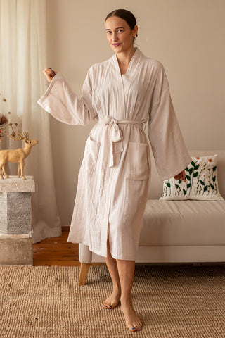 Handwoven 2-layer Turkish muslin cotton bathrobe in Natural - Vivamaison Denizli OEKO-TEX certified