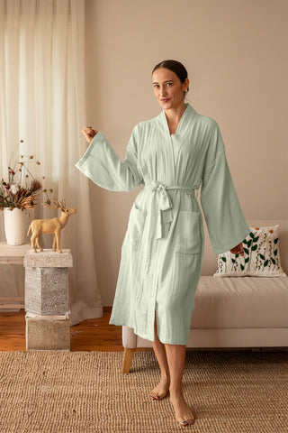 Handwoven 2-layer Turkish muslin cotton bathrobe in Sage Green - Vivamaison Denizli OEKO-TEX certified
