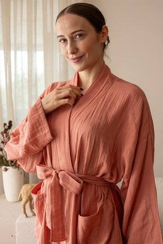 Handwoven 2-layer Turkish muslin cotton bathrobe in Terracotta - Vivamaison Denizli OEKO-TEX certified