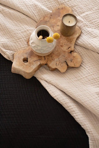 Black Light Beige reversible double-sided 8-layer muslin bedspread tray styling. Handwoven Denizli, OEKO-TEX. Vivamaison.