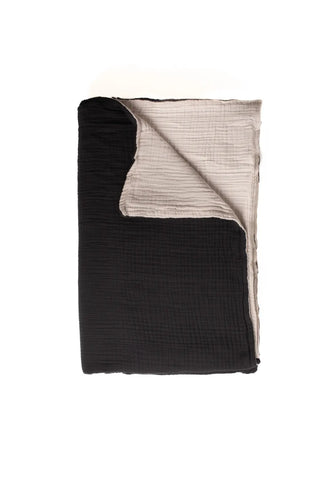 Black Light Gray reversible double-sided 8-layer muslin bedspread folded flat lay. Handwoven Denizli, OEKO-TEX. Vivamaison.