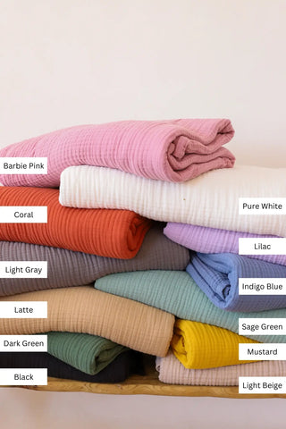 Double-sided 8-layer muslin bedspread color chart, 12 colors. Handwoven Denizli, OEKO-TEX. Vivamaison.