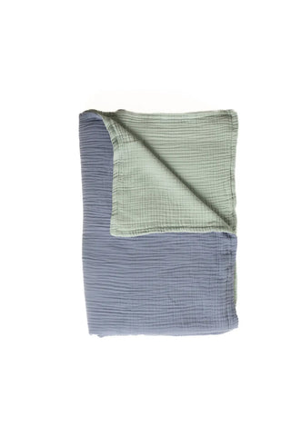 Hawaii Blue Sage Green reversible double-sided 8-layer muslin bedspread folded flat lay. Handwoven Denizli, OEKO-TEX. Vivamai