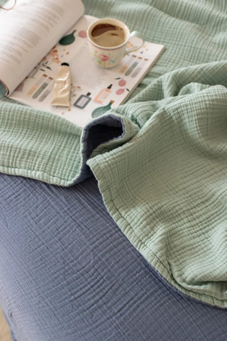 Sage Green Hawaii Blue reversible double-sided 8-layer muslin bedspread book styling. Handwoven Denizli, OEKO-TEX. Vivamaison