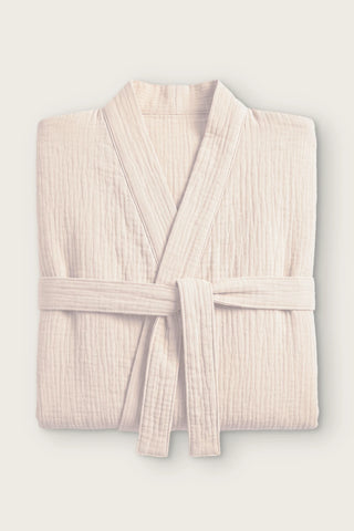 Handwoven 2-layer muslin kimono bathrobe in ecru, folded front view with tied belt