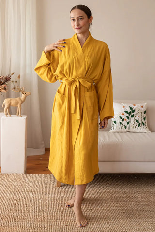 Handwoven 2-layer Turkish muslin bathrobe in mustard yellow - Vivamaison Denizli OEKO-TEX certified