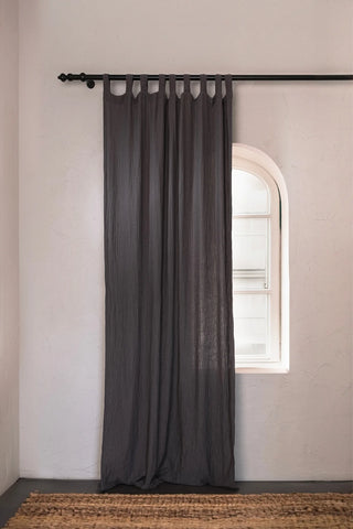Anthracite gray tab top panel arched window. Handwoven 2-layer muslin cotton curtain, Denizli, OEKO-TEX. Vivamaison.
