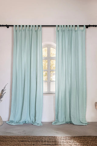 Mint tab top curtains black rod window. Handwoven 2-layer muslin cotton curtain, Denizli, OEKO-TEX. Vivamaison.