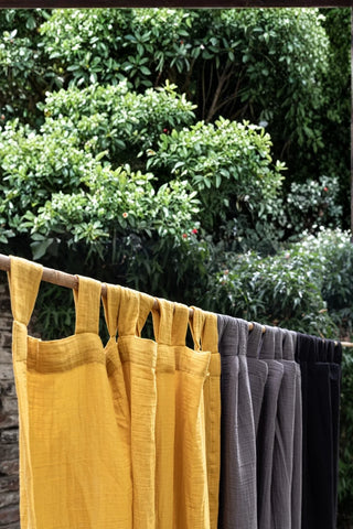 Yellow gray black tab top panels garden. Handwoven 2-layer muslin cotton curtain, Denizli, OEKO-TEX. Vivamaison.