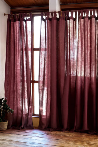 Wine tab top curtains on rustic window interior. Handwoven 2-layer muslin cotton curtain, Denizli, OEKO-TEX. Vivamaison.