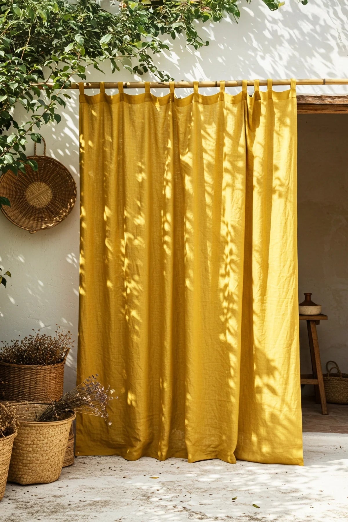 Mustard tab top panel, patio wall, baskets. Handwoven 2-layer muslin cotton curtain, Denizli, OEKO-TEX. Vivamaison.