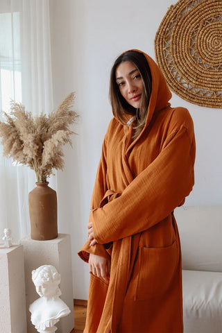Dark tile 2-layer muslin hooded bathrobe hood up side. Handwoven Turkish cotton Denizli, OEKO-TEX. Vivamaison.