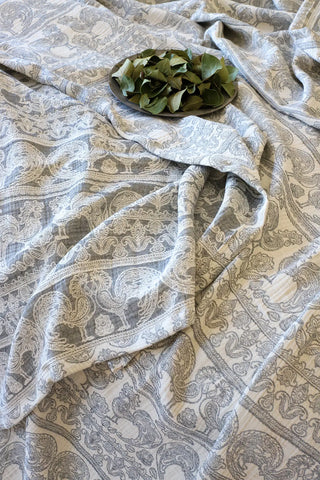 Cockerel handwoven 3-layer patterned muslin Turkish cotton bedspread folded flat lay. Woven patterns, Denizli, OEKO-TEX. Viva