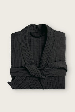 Handwoven 4-layer muslin kimono bathrobe in black, folded front view with wrapped belt