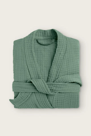 Handwoven 4-layer muslin kimono bathrobe in dark green, folded front view with wrapped belt