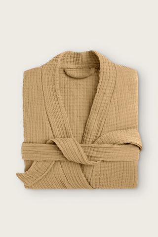Handwoven 4-layer muslin kimono bathrobe in light brown, folded front view with wrapped belt