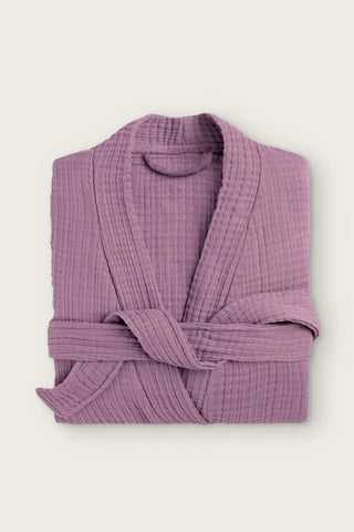 Handwoven 4-layer muslin kimono bathrobe in plum, folded front view with wrapped belt