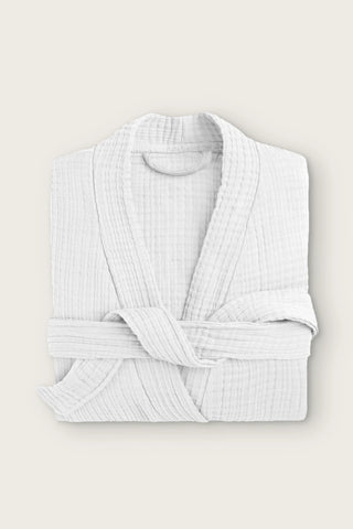 Handwoven 4-layer muslin kimono bathrobe in white, folded front view with wrapped belt