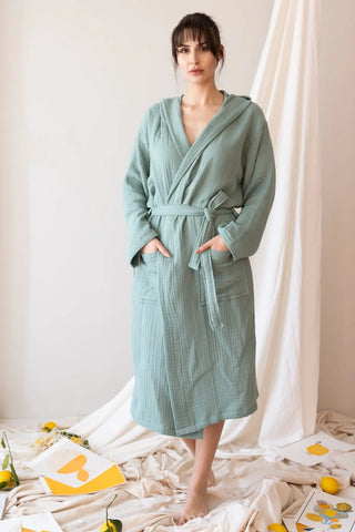 Sage Green handwoven 4-layer muslin hooded Turkish cotton bathrobe front. Denizli, OEKO-TEX. Vivamaison.