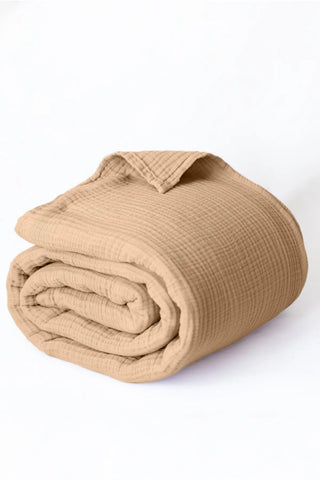 Brown handwoven 4-layer muslin Turkish cotton bedspread front full. Long-staple Denizli, OEKO-TEX. Vivamaison.