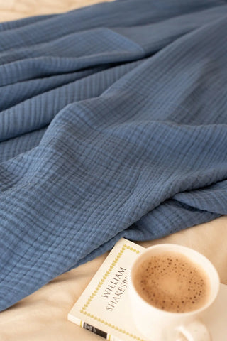 Indigo Blue handwoven 4-layer muslin Turkish cotton bedspread styled bedroom. Long-staple Denizli, OEKO-TEX. Vivamaison.