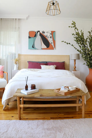 White handwoven 4-layer muslin Turkish cotton bedspread styled bedroom. Long-staple Denizli, OEKO-TEX. Vivamaison.