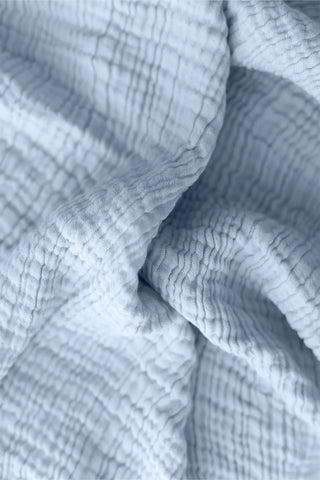 Baby Blue handwoven 4-layer soft muslin fringed bedspread front full. Tasseled edges, Denizli, OEKO-TEX. Vivamaison.
