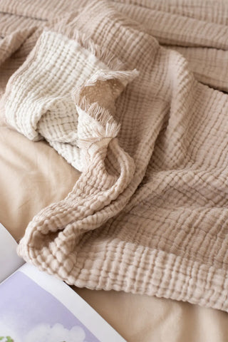 Brown handwoven 4-layer soft muslin fringed bedspread alternate view. Tasseled edges, Denizli, OEKO-TEX. Vivamaison.