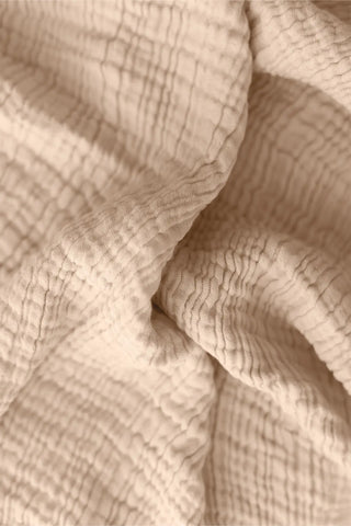 Brown handwoven 4-layer soft muslin fringed bedspread fringe detail. Tasseled edges, Denizli, OEKO-TEX. Vivamaison.
