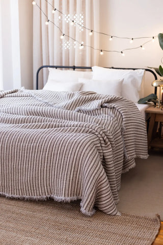 Dark Brown Striped handwoven 8-layer muslin Turkish cotton quilt bedroom lifestyle. Hand-tied fringe Denizli, OEKO-TEX. Vivam