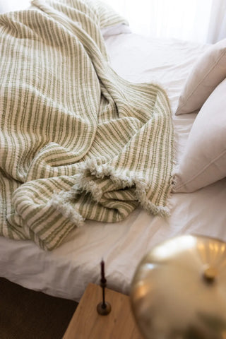 Green Striped handwoven 8-layer muslin Turkish cotton quilt styled bed. Hand-tied fringe Denizli, OEKO-TEX. Vivamaison.