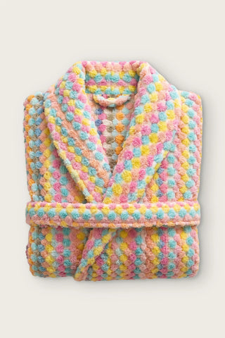 Handwoven bobble cotton hooded bathrobe in mint pink, folded front view with shawl collar and belt