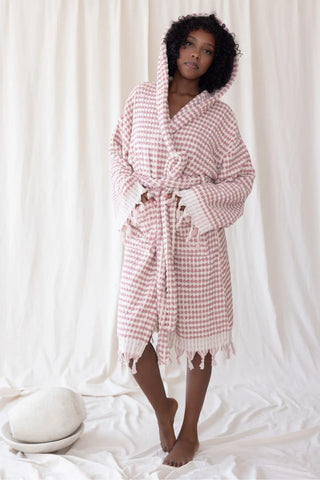 Handwoven chickpea pattern bathrobe in light pink, hood up front view. Turkish cotton Denizli, OEKO-TEX. Vivamaison.