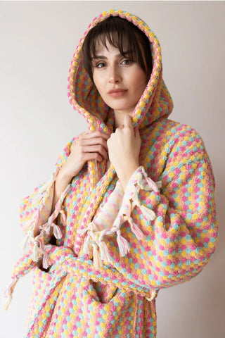 Mint pink chickpea bathrobe hood up front closeup. Handwoven Turkish cotton Denizli, OEKO-TEX. Vivamaison.