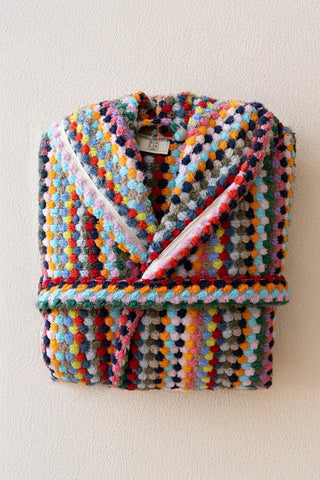 Rainbow chickpea bathrobe folded hanging display. Handwoven Turkish cotton Denizli, OEKO-TEX. Vivamaison.
