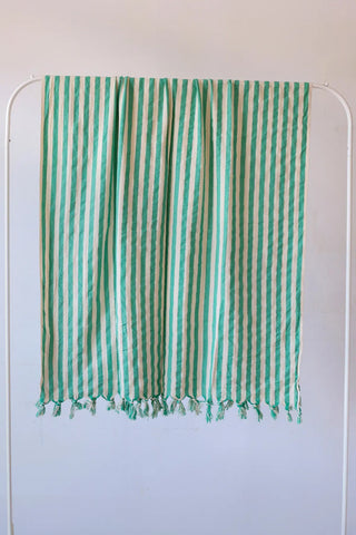 Green classic striped peshtemal towel hanging full view. Handwoven Turkish cotton Denizli, OEKO-TEX. Vivamaison.