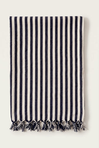 Classic striped Turkish cotton peshtemal towel in navy blue, folded front view with knotted fringe