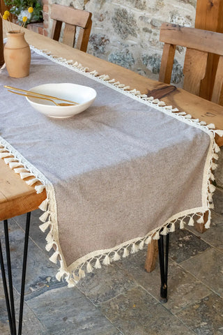 Brown handwoven Turkish cotton tassel table runner lifestyle. Hand-tied tassels Denizli, OEKO-TEX. Vivamaison.