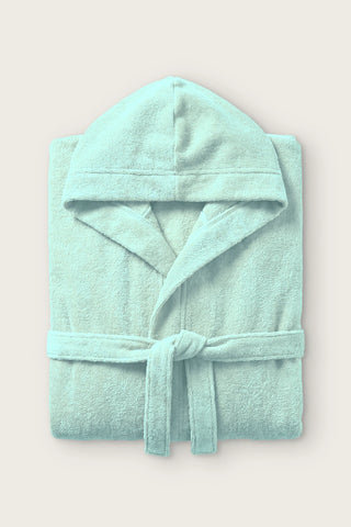 Handwoven Turkish cotton terry hooded bathrobe in mint, folded front view with hood and tied belt