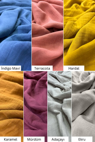 Double-sided muslin bathrobe 7 color swatches: indigo, terracotta, mustard, caramel, burgundy, sage, ecru. Vivamaison.