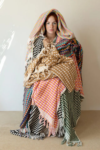 Handwoven Turkish cotton pom pom woven towel set, all 7 colors group lifestyle. Denizli, OEKO-TEX. Vivamaison.