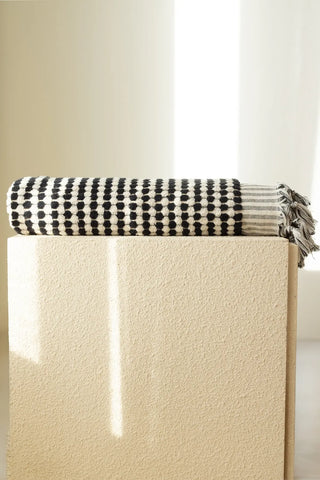 Anthracite White handwoven Turkish cotton pom pom woven towel set folded. Tasseled fringe Denizli, OEKO-TEX. Vivamaison.